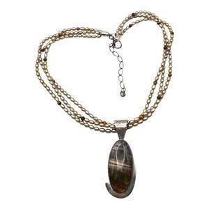 Jay King Sterling Silver & Pearl Necklace With Oval Crazy Lace Agate Pendant